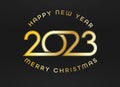 Happy New Year 2023. Gold inscription for New Year and Christmas greetings. template for postcards, banners and creative design