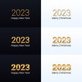 2023 Happy New Year. Gold logo. Design set for invitation, greeting card, calendar, label, party on black or white Royalty Free Stock Photo