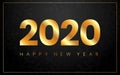 Happy New Year 2020. Gold luxury banner. Merry Christmas card with golden frame and snow flakes. Bright text on black Royalty Free Stock Photo