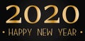 Happy New Year 2020. Gold luxury banner. Merry Christmas card with golden frame and snow flakes. Bright text on black background. Royalty Free Stock Photo