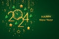 Happy New Year 2024. Gold metallic numbers 2024 and watch with Roman numeral and countdown midnight, eve for New Year. Hanging Royalty Free Stock Photo