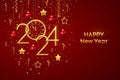 Happy New Year 2024. Gold metallic numbers 2024 and watch with Roman numeral and countdown midnight, eve for New Year. Hanging
