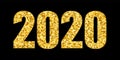 Happy New Year gold number 2020. Bright golden design with sparkle, isolated black background. Holiday glitter Royalty Free Stock Photo