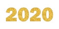 Happy New Year gold number 2020. Bright golden design with sparkle, isolated white background. Holiday glitter Royalty Free Stock Photo