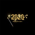 Happy New Year gold number 2020. Bright golden design with sparkle and Magic wand with 3d stars. Holiday glitter Royalty Free Stock Photo