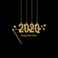 Happy New Year gold number 2020. Bright golden design with sparkle and Magic wand with 3d stars. Holiday glitter Royalty Free Stock Photo