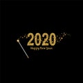 Happy New Year gold number 2020. Bright golden design with sparkle and Magic wand with stars. Holiday glitter typography Royalty Free Stock Photo