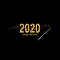 Happy New Year gold number 2020. Bright golden design with sparkle and Magic wand with stars. Holiday glitter typography Royalty Free Stock Photo