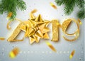 2019 Happy new year. Gold Numbers Design of greeting card of Falling Shiny Confetti. Gold Shining Pattern. Happy New Royalty Free Stock Photo