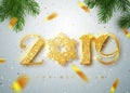 2019 Happy new year. Gold Numbers Design of greeting card of Falling Shiny Confetti. Gold Shining Pattern. Happy New Royalty Free Stock Photo