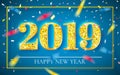 Happy New Year 2019, gold numbers design of greeting card, falling shiny confetti, Vector illustration Royalty Free Stock Photo