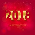 Happy new year 2018, gold and red colors, background with snowflakes and flare. Vector illustration. Royalty Free Stock Photo