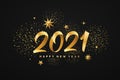 2021 Happy new year, gold ribbon, gold stars design with firework at night background Royalty Free Stock Photo