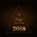 Happy New Year gold text in Christmas tree. Holiday background. Merry Christmas card, golden number 2018. Design for Royalty Free Stock Photo