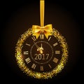 Happy New Year 2017 gold vintage watch. Creeting Happy New Year gold clock with bow and circle glitter and sparkle frame Royalty Free Stock Photo