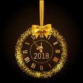 Happy New Year 2017 gold vintage watch. Creeting Happy New Year gold clock with bow and circle glitter and sparkle frame Royalty Free Stock Photo