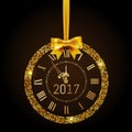 Happy New Year 2017 gold vintage watch. Creeting Happy New Year gold clock with bow in disco style. Vector illustration Royalty Free Stock Photo