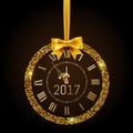 Happy New Year 2017 gold vintage watch. Creeting Happy New Year gold clock with bow in disco style. Vector illustration. Royalty Free Stock Photo