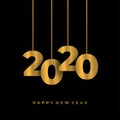 Happy 2020 new year golden banner. Vector illustration template with hanging numbers gold colors on black background Royalty Free Stock Photo