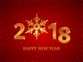 2018 Happy New Year golden 3d numbers with snowflake on the red Christmas background with falling snow, stars, and sparkles. Royalty Free Stock Photo