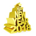 Happy New Year 2018. Golden 3D numbers and text on a white background.