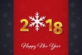 2018 Happy New Year golden 3D text on the Christmas red and dark background with snowflake silhouettes. Royalty Free Stock Photo