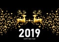 2019 Happy New Year golden decoration with jumping reindeer Royalty Free Stock Photo