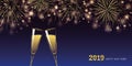 Happy new year 2019 golden firework and champagne glasses greeting card