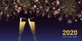 Happy new year 2020 golden firework and champagne glasses greeting card Royalty Free Stock Photo