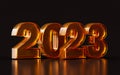 Happy new year 2023 golden glass morphism effect on dark background