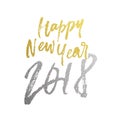 Happy New Year 2018 golden glitter calligraphy lettering font for greeting card design template. Vector hand drawn gold glitter te Royalty Free Stock Photo
