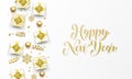 Happy New Year golden greeting card gold gifts, stars confetti and snowflakes. Vector premium Christmas design template, callig