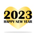 2023 Happy New Year with golden heart. Gretting card. Vector illustration.