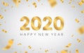 Happy New Year 2020. Golden Luxury Text On White Background. Christmas Design With Gold Confetti. Xmas Concept With