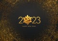 Happy New 2023 Year. Golden metallic luxury numbers 2023 with golden gift bow on shimmering background. Greeting card. Bursting Royalty Free Stock Photo
