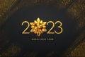 Happy New 2023 Year. Golden metallic luxury numbers 2023 with golden gift bow on shimmering background. Greeting card. Bursting Royalty Free Stock Photo