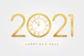 Happy New Year 2021. Golden metallic luxury numbers 2021 with gold shiny watch with Roman numeral and countdown midnight, eve for