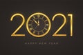Happy New Year 2021. Golden metallic luxury numbers 2021 with gold shiny watch with Roman numeral and countdown midnight