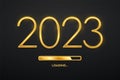 Happy New 2023 Year. Golden metallic luxury numbers 2023 with golden loading bar. Party countdown. Realistic sign for greeting Royalty Free Stock Photo