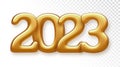 Happy New 2023 Year. Golden metallic luxury numbers 2023. Realistic 3d render sign for greeting card. Festive poster or holiday Royalty Free Stock Photo