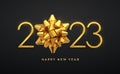 Happy New 2023 Year. Golden metallic luxury numbers 2023 with golden gift bow. Realistic sign for greeting card. Festive poster or Royalty Free Stock Photo