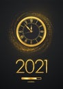 Happy New Year 2021. Golden metallic numbers 2021, gold watch with Roman numeral and countdown midnight with loading bar on