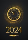 Happy New Year 2024. Golden metallic numbers 2024, gold watch with Roman numeral and countdown midnight with loading bar on Royalty Free Stock Photo