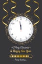 Happy New Year 2023. Golden metallic numbers 2023, gold watch with Roman numeral and countdown midnight with realistic confetti. Royalty Free Stock Photo