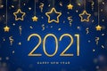 Happy New 2021 Year. Golden metallic numbers 2021 with shimmering hanging golden stars on blue background. New Year greeting card