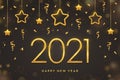 Happy New 2021 Year. Golden metallic numbers 2021 with shimmering hanging golden stars on dark background. New Year greeting card