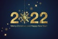 Happy New Year 2022. Golden numbers with Christmas decoration. Holiday greeting card design. Royalty Free Stock Photo