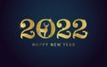 Happy New Year 2022. Golden numbers with Christmas deer. Holiday greeting card design. Royalty Free Stock Photo