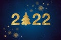 Happy New Year 2022. Golden numbers with Christmas tree. Holiday greeting card design. Royalty Free Stock Photo