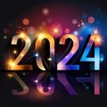 Happy New Year 2024. Golden numbers on a colorful background with glittering Royalty Free Stock Photo